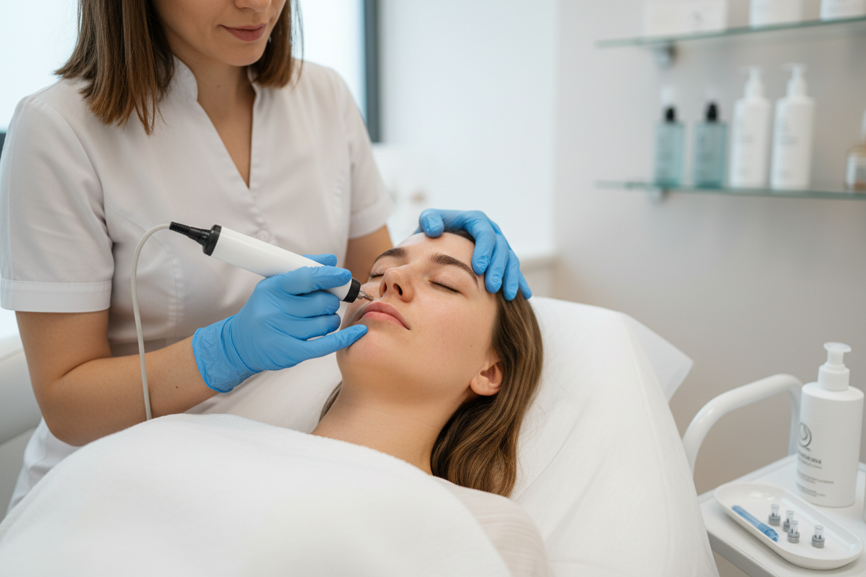 Licensed aesthetic professional performing a microneedling facial treatment on a client lying on a treatment bed in a clean clinical treatment room.