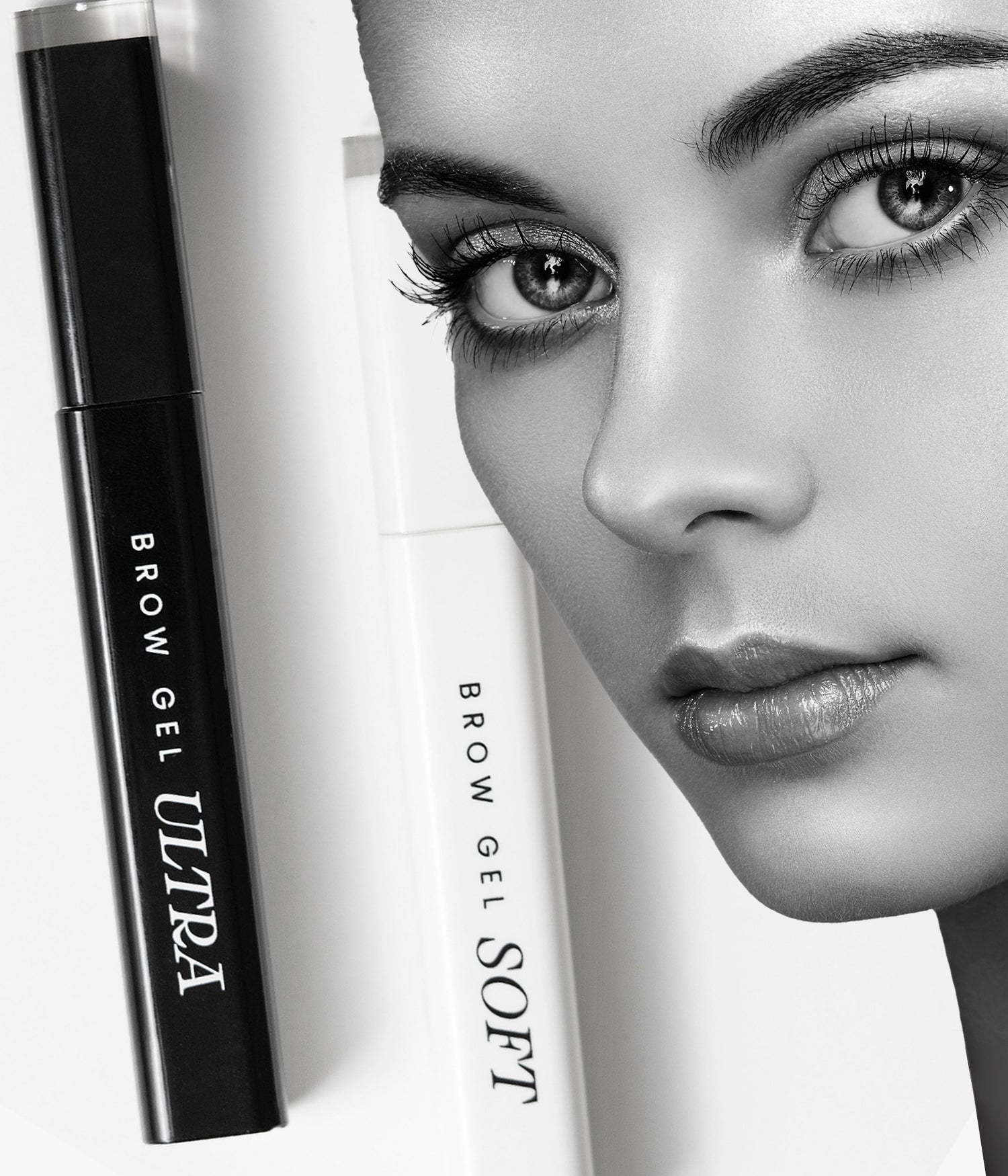Close-up image showing Brow Gel Ultra and Brow Gel Soft products displayed beside a model’s face
