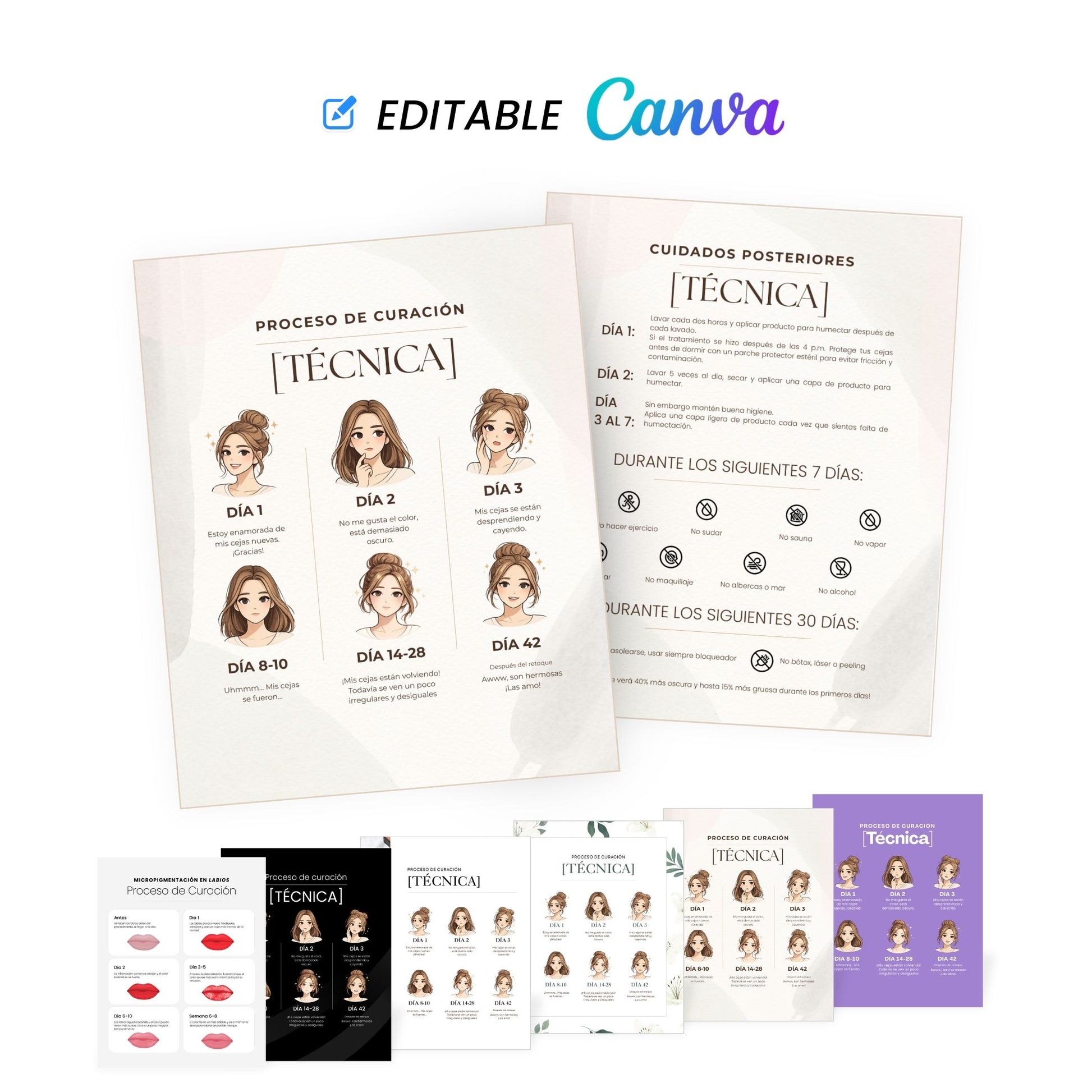 Editable Healing Process & Aftercare Cards (Canva | Digital) – professional permanent makeup & beauty product