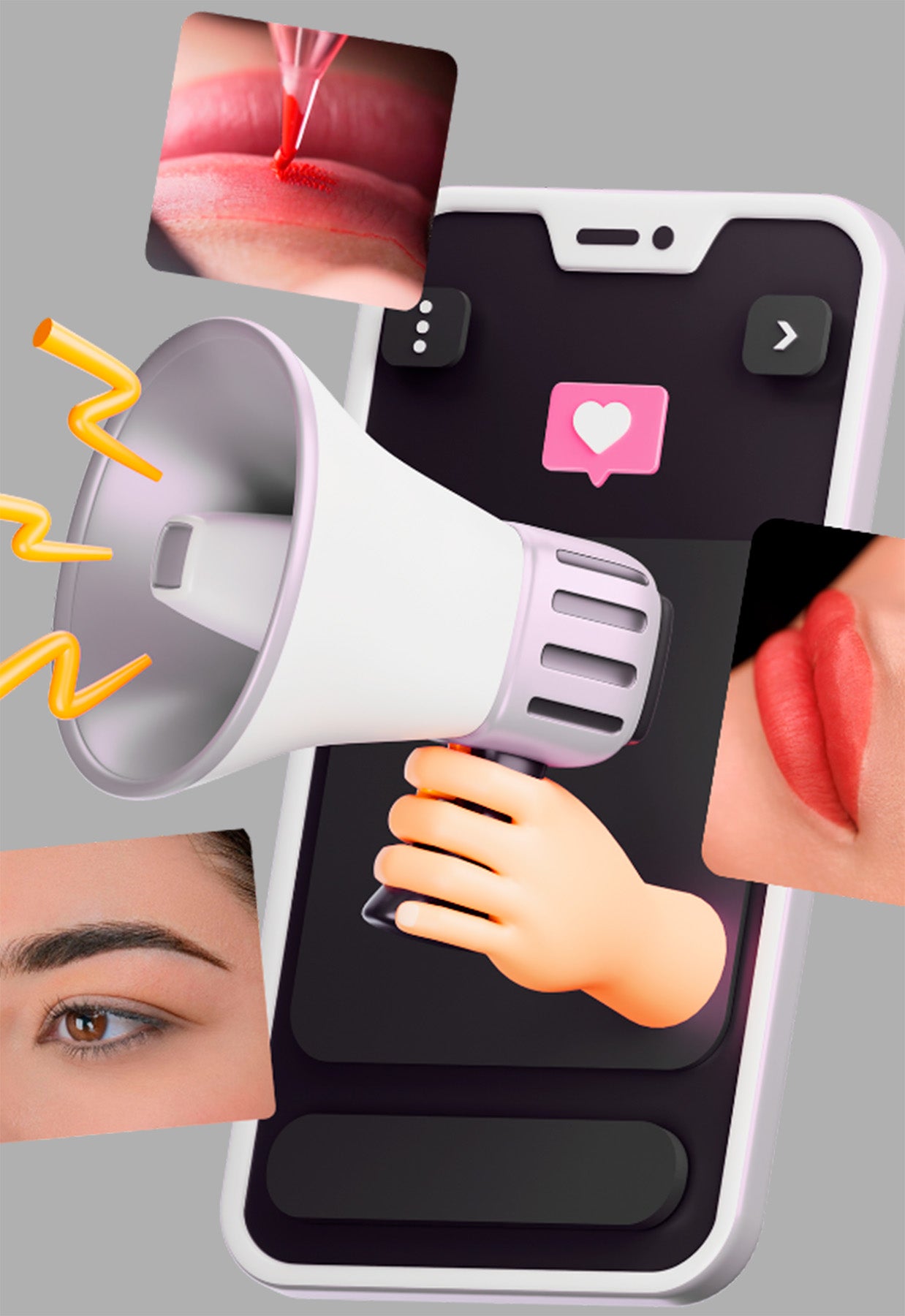 Illustrated graphic showing a smartphone with a megaphone and cosmetic procedure imagery, including lips and eyebrows
