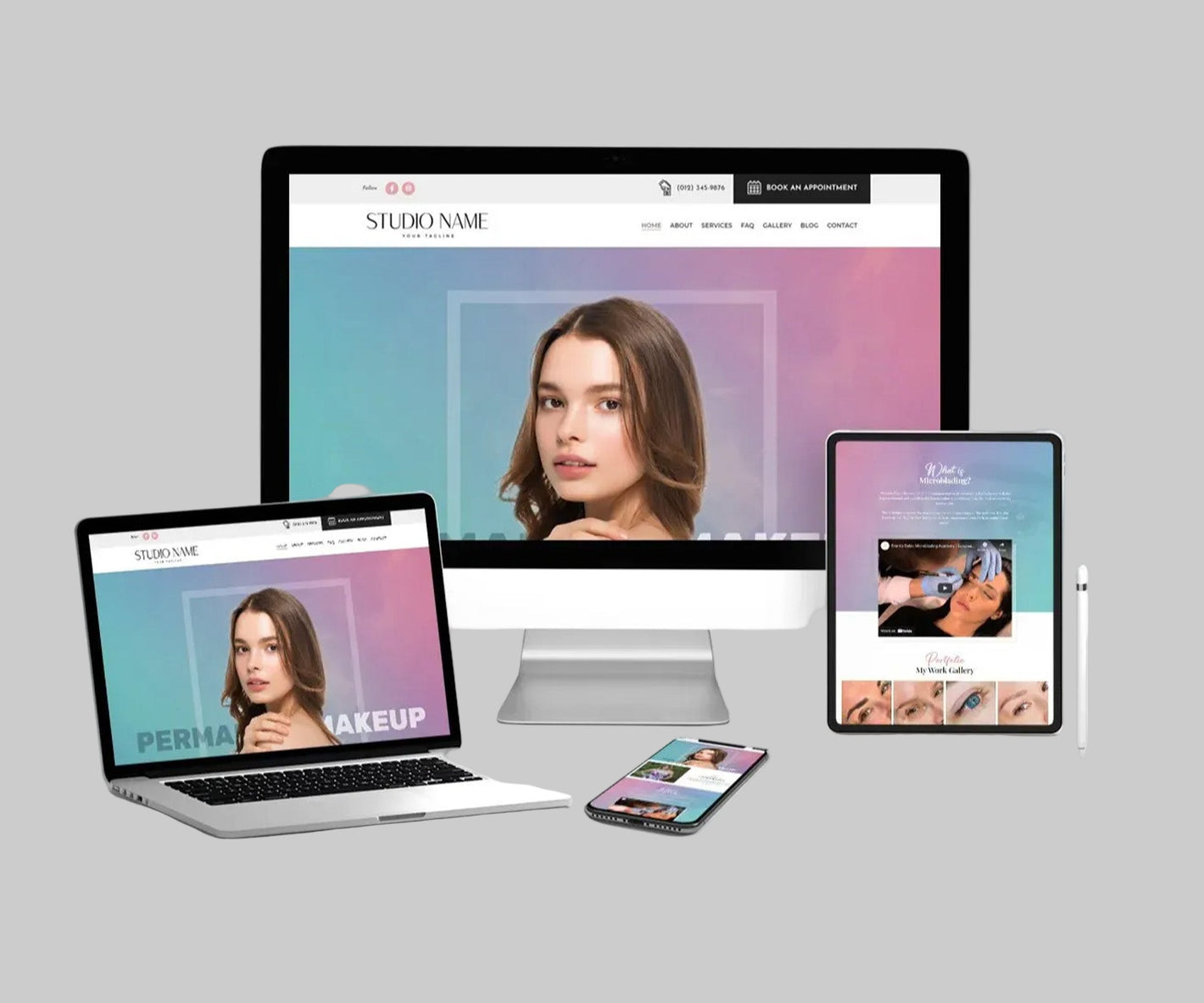 Computer monitor, laptop, tablet, and smartphone displaying a website with a woman's face on a gray background.